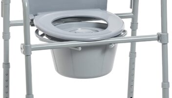 Drive Medical 11148-1 Folding Steel Bedside Commode Chair, Portable Toilet, Supports Individuals Weighing Up To 350 Lbs, with 7.5 Qt. Bucket and 13.5 Inch Seat, Grey