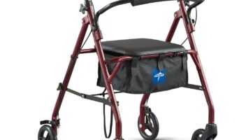 Healthcare Direct Steel Rollator Walker with 350 lb. Weight Capacity, Burgundy