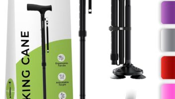 HONEYBULL Walking Cane for Men & Women - Foldable, Adjustable, Collapsible, Free Standing Cane, Pivot Tip, Heavy Duty, with Travel Bag | Walking Sticks for Seniors & Adults [Black]