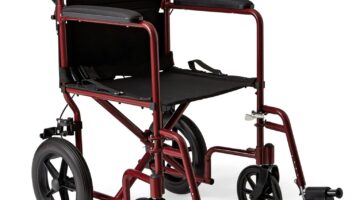 Medline Lightweight Foldable Transport Wheelchair with Handbrakes and 12-Inch Wheels, Red Frame, Black Upholstery