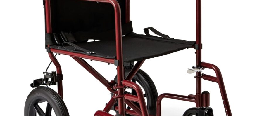 Medline Lightweight Foldable Transport Wheelchair with Handbrakes and 12-Inch Wheels, Red Frame, Black Upholstery