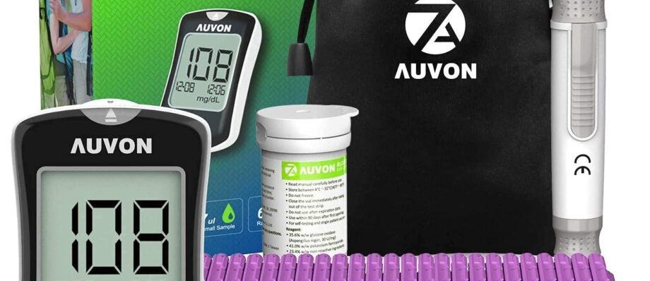 AUVON Blood Glucose Monitor Kit, High Accuracy Blood Sugar Test Kit with 50 Glucometer Strips, 50 30G Lancets, 1 Lancing Devices, DS-W Diabetes Testing Kit, No Coding Required, Travel Size