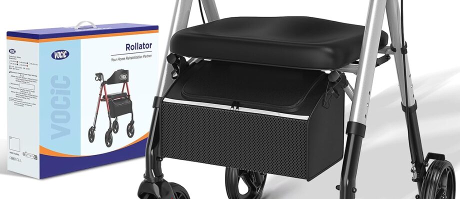 Walkers for Seniors,Foldable Walker with Seat,Rollator Walker with Durable Aluminum,8" Big Wheels for All Terrain, Ergonomic Seat and Backrest,Dual Adjustable Height Rolling Walker| Shiny Silver