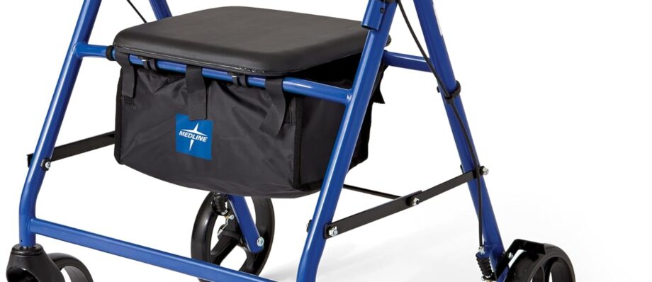 Medline Steel Rollator Walker for Adult Mobility Impairment, Blue, 350 lb. Weight Capacity, 8” Wheels, Foldable, Adjustable Handles, Rolling Walker for Seniors