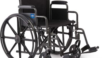 Medline Comfortable Folding Wheelchair with Swing-Back Desk-Length Arms and Swing-Away Footrests, 18”W x 16X”D Seat