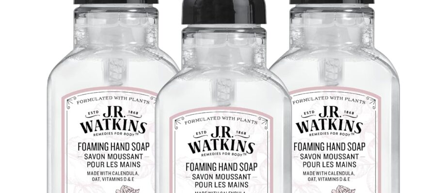 J.R. Watkins Foaming Hand Soap with Pump Dispenser, Moisturizing Foam Hand Wash, All Natural, Alcohol-Free, Cruelty-Free, USA Made, Rosewater, 9 fl oz, 3 Pack