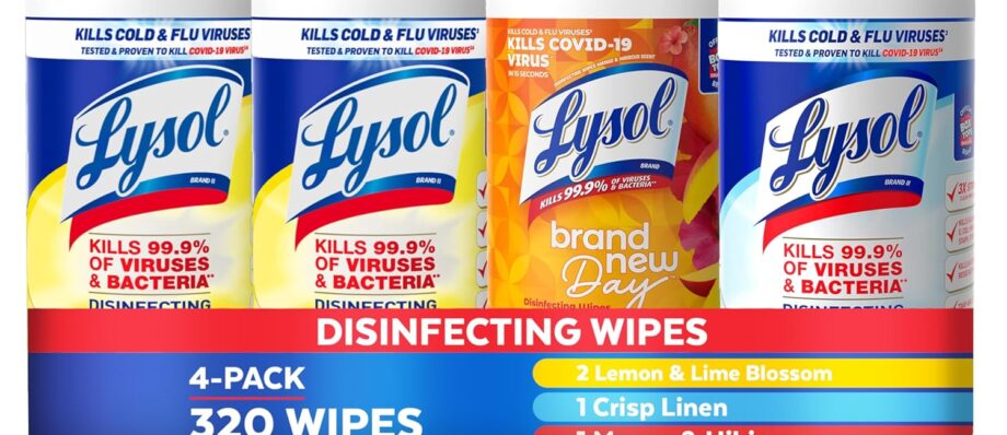 Lysol Disinfectant Wipes Bundle, Multi-Surface Antibacterial Cleaning Wipes, contains x2 Lemon & Lim Blossom, Crisp Linen, Mango & Hibiscus, Pack of 4