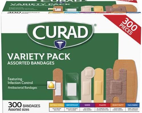 Curad Assorted Bandages Variety Pack 300 Pieces, Including Antibacterial, Heavy Duty, Fabric, and Waterproof Bandages