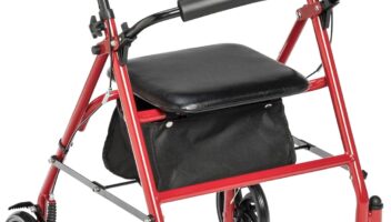 Drive Medical 10257RD-1 4 Wheel Rollator Walker With Seat, Steel Rolling Walker, Height Adjustable, 7.5" Wheels, Removable Back Support, 300 Pound Weight Capacity, Red