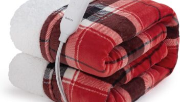 Bedsure Plaid Heated Throw Blanket - Christmas Electric Blanket with Red Plaid Pattern, Flannel Sherpa Heating Blanket as a Gift, with 6 Heating Levels, 4 Time Settings, 3 Hours Auto-Off (50"x60")