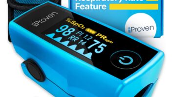 iProven Blood Oxygen Monitor Fingertip, Oximeter Measures Pulse Rate, Respiratory Rate, Oxygen Saturation (SpO2), and Perfusion Index, including Batteries and a Lanyard.