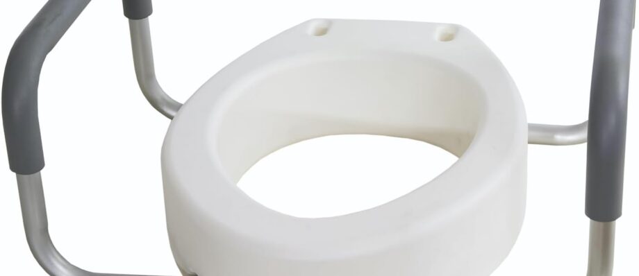 Essential Medical Supply Raised Elevated Toilet Seat Riser for an Elongated Toilet with Padded Aluminum Arms for Support and Compatible with Toilet Seat, Elongated, 19 x 14 x 3.5