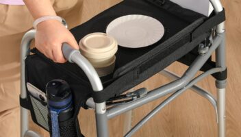 Tray for Walkers for Seniors with Cup Holder - Walker Accessories 【w/Pockets, Cup Holder & Non Slip Mat for Food】Mobility Trays Fits Most Standard Folding Walkers, Removable & Easy Assembly - LH