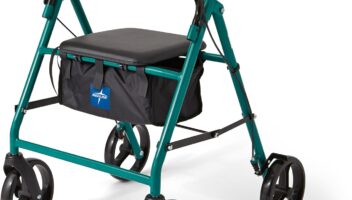 Medline Standard Steel Folding Rollator Walker with 8" Wheels, Supports up to 350 lbs, Green