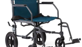 Medline Durable Folding Steel Transport Wheelchair with 12-Inch Wheels, 19-Inch Seat Width, Gray Frame, Microban, Teal Upholstery