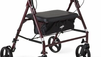 Medline Heavy Duty Rollator Walker with Seat, Bariatric Rolling Walker Supports up to 500 lbs, Large 8-inch Wheels, Burgundy