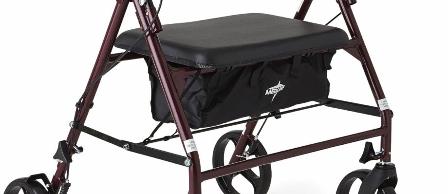 Medline Heavy Duty Rollator Walker with Seat, Bariatric Rolling Walker Supports up to 500 lbs, Large 8-inch Wheels, Burgundy