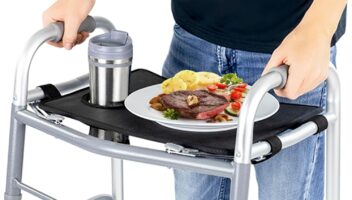 Vive Walker Tray for Folding Walker - (w/Cup Holder) - Adult Mobility Accessories - Fits Standard Walkers - Medical Table for Seniors Non Slip Mat for Food - Removable & Easy Assembly