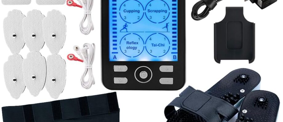 TechCare Plus 24 Modes Tens Unit Muscle Stimulator Massager Rechargeable Unit Electric Complete Set + Massage Belt + Reflexology Shoes Back Neck Pain