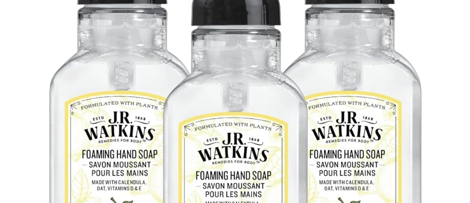 J.R. Watkins Foaming Hand Soap with Pump Dispenser, Moisturizing Foam Hand Wash, All Natural, Alcohol-Free, Cruelty-Free, USA Made, Lemon, 9 fl oz, 3 Pack