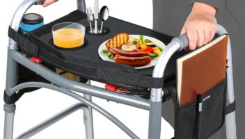 Walker Tray for Folding Walker, Mobility Table Trays for Walkers for Seniors with Cup Holder,Walker Trays for Rolling Folding Walker,Walker Accessories for Elderly (Black with Pockets)