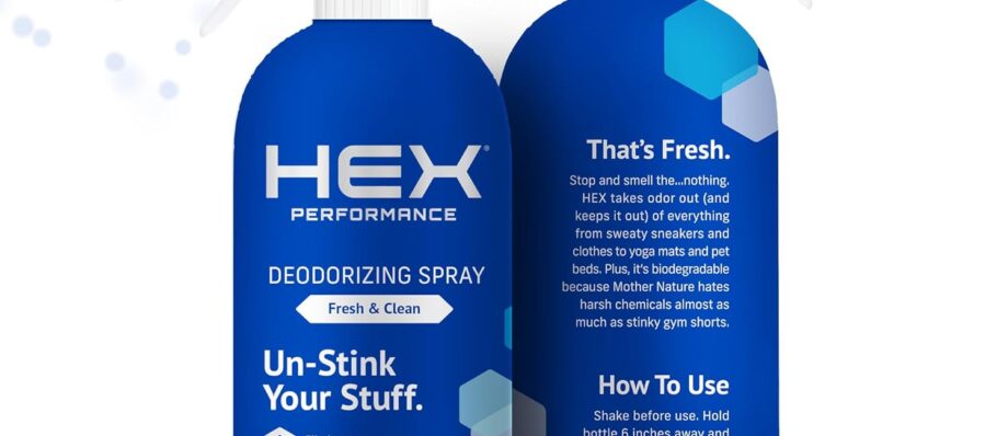 HEX Performance Deodorizing Spray, Fresh & Clean, 12oz (Pack of 2) - Awesome for Shoes, Gear, Activewear & Fabrics, Yoga Mats & Gym Equipment, Carpet, Pets, Odor Eliminator & Fabric Refresher Spray