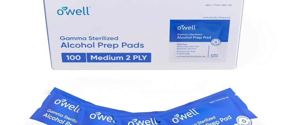 OWELL Sterile Alcohol Prep Pads, Medium 2-Ply Medical Alcohol Pad for Cleaning Skin, First Aid Kit Alcohol Swabs, Individually Wrapped Alcohol Wipes, 100 Count