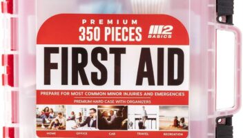 M2 BASICS Professional 350 Piece Emergency First Aid Kit | Business & Home Medical Supplies | Hard Case, Dual Layer, Wall Mountable | Office, Car, School, Camping, Hunting, Sports