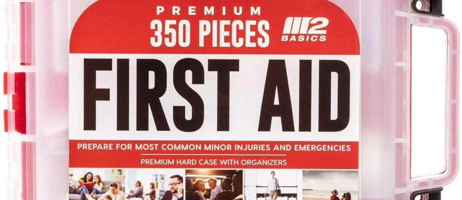 M2 BASICS Professional 350 Piece Emergency First Aid Kit | Business & Home Medical Supplies | Hard Case, Dual Layer, Wall Mountable | Office, Car, School, Camping, Hunting, Sports