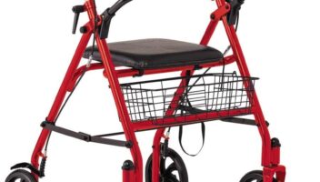 Medline Steel Rollator Walker with 8 Inch Wheels, Folding Rolling Walker, Adjustable Arms, Supports 300 lbs, Red