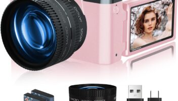 VJIANGER 4K Vlogging Camera for YouTube 56MP Digital Camera for Photography and Video with 180°Flip Screen, 16X Digital Zoom, 52mm Wide Angle & Macro Lens, 32GB Micro SD Card, 2 Batteries(Pink)