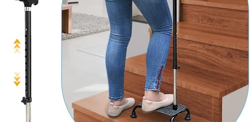 Stair Climbing Cane Half Step Stair Walker Aid Devices Stairway Lift for Elderly Seniors Assist Helper Adjustable 4 Pronged Quad Base Balance Stability Walking Sticks