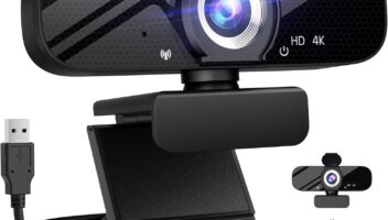 Full HD Webcam with Built-in Microphone and Rotatable Tripod, 4K Video and Wide Angle Camera, Privacy Cover, for Desktop PC or Laptop Computer