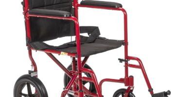 Drive Medical EXP19LTRD Lightweight Expedition Folding Transport Wheelchair with Hand Brakes, Ultra Lightweight Transport Chair for Seniors and Adults, Red