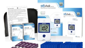 eBchek Blood Glucose Meter System for Diabetes, Multi-Lingual Voice, Talk Function, No Coding, 100 Test Strips, 100 Lancets 30G, 1 Blood Sugar Monitor, Blood Sugar Test Kit, Lancing Device