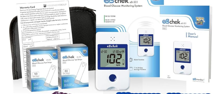 eBchek Blood Glucose Meter System for Diabetes, Multi-Lingual Voice, Talk Function, No Coding, 100 Test Strips, 100 Lancets 30G, 1 Blood Sugar Monitor, Blood Sugar Test Kit, Lancing Device