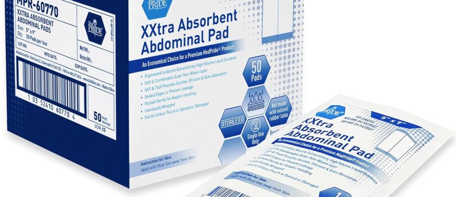 MED PRIDE Sterile XXtra Absorbent Abdominal Pads [50-Pack] - 5”x9” ABD Combine Individually Wrapped- Ultra-Absorbent Latex-Free & Non-Adherent Surgical for Drainage, Wound Dressing