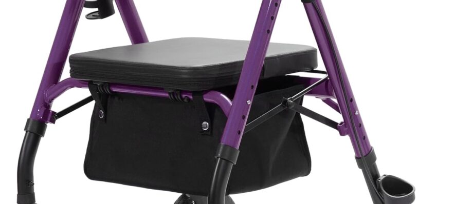 ELENKER All-Terrain Rollator Walker with 10” Non-Pneumatic Wheels, Sponge Padded Seat and Backrest, Fully Adjustment Frame for Seniors, Purple