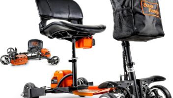 SuperHandy Passport Pro Mobility Scooter - Foldable Aluminum Frame, 4 Wheels, Includes 2 48V 2Ah Li-Ion Batteries & Charger, Supports up to 330 Lbs [Patent Pending] (Orange & Black, 330 Lbs)