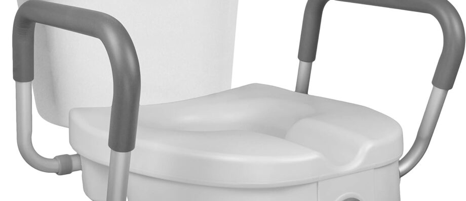 RMS Raised Toilet Seat - 5 Inch Elevated Riser with Adjustable Padded Arms - Toilet Safety Seat for Elongated or Standard Commode