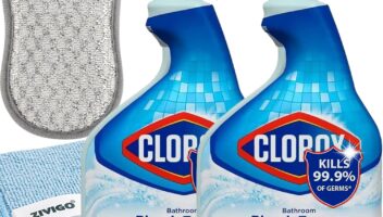 2 Bleach Foamer Bathroom Cleaner, Made by CloroxFoamer 30 oz Spray Bottle, Bundle with Zvigo-Microfiber Cleaning Cloth + DuviloScrubbing Sponge