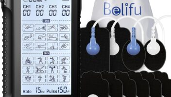 Belifu 4 Independent Channel TENS EMS Unit, 24 Modes,30 Level Intensity Muscle Stimulator Machine, Rechargeable Electric Pulse Massager with 10 Pads&5 Set Leads Wires, for Pain Relief Therapy(Black)