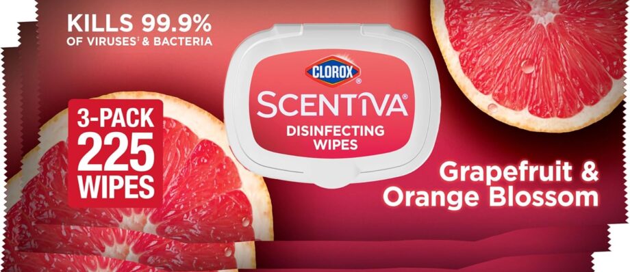 Clorox Scentiva Wipes, Bleach Free Cleaning Wipes, Household Essentials, Tahitian Grapefruit Splash, 75 Count (Pack of 3)