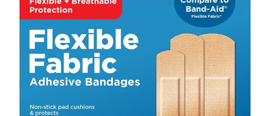 Amazon Basic Care Flexible Fabric Adhesive Bandages, First Aid and Wound Care Supplies, Assorted Sizes, 100 Count