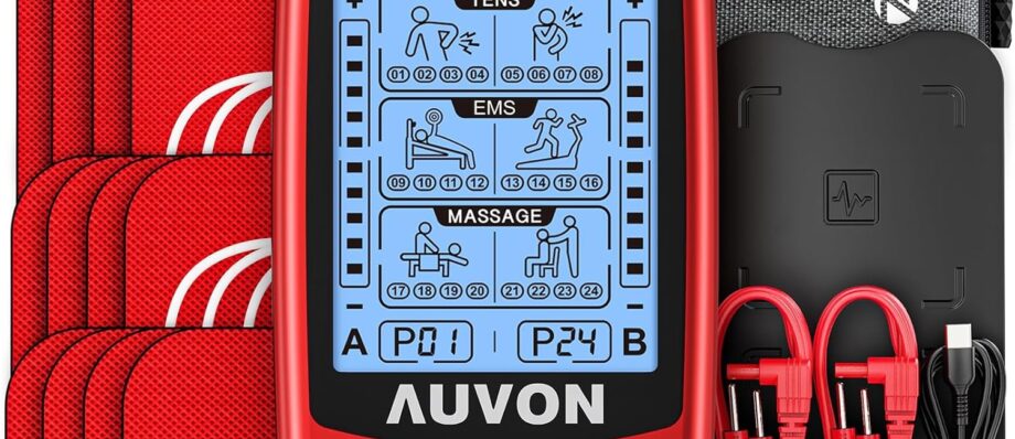 AUVON Dual Channel TENS EMS Unit, Electronic Pulse Massager with 24 Modes for Pain Relief Therapy & Muscle Performance Improvement, EVA Travel Case with 12 Professional Muscle Stimulator Electrodes