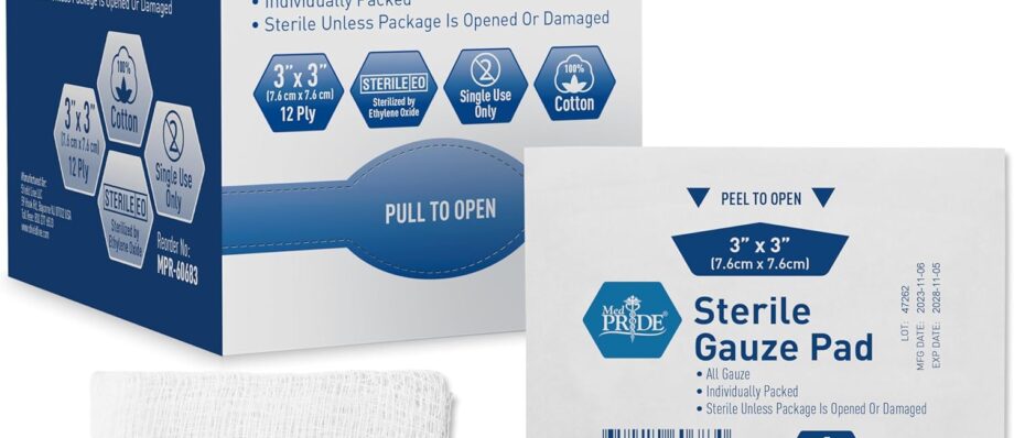 MED PRIDE 3" x 3" Sterile Gauze Pads for Wound Dressing|100-Pack, Individually Packed Pouches|12-Ply Cotton & Highly Absorbent|Gauze Sponge-Pads for Wound Care & Home First Aid Kits