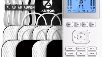 AUVON 4 Outputs 24 Modes Rechargeable TENS Unit EMS Muscle Stimulator, Handheld Electrotherapy Device for Pain Relief, TENS Machine with Long Lasting Battery Life, 8 Electrode Pads