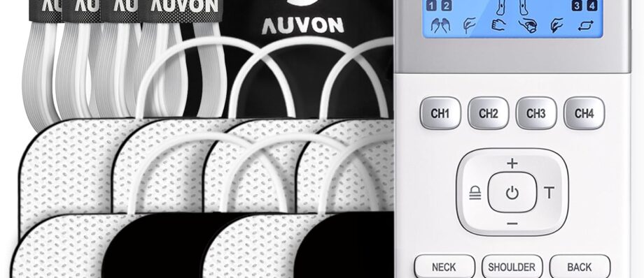 AUVON 4 Outputs 24 Modes Rechargeable TENS Unit EMS Muscle Stimulator, Handheld Electrotherapy Device for Pain Relief, TENS Machine with Long Lasting Battery Life, 8 Electrode Pads