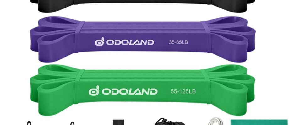 Odoland 5 Packs Pull Up Assist Bands, Pull Up Straps, Resistance Bands with Door Anchor and Handles, Stretch Mobility, Powerlifting and Extra Durable Exercise Bands with eGuide