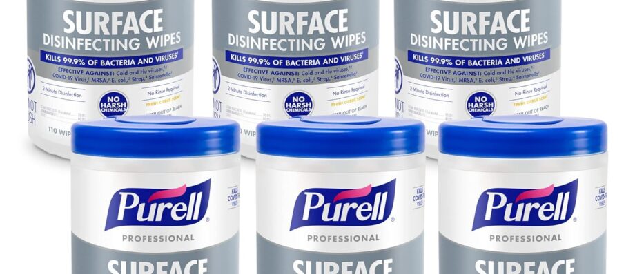 PURELL Professional Surface Disinfecting Wipes, Citrus Scent, 110 Count Canister, 7"x 8" Wipes (Pack of 6) - 9342-06